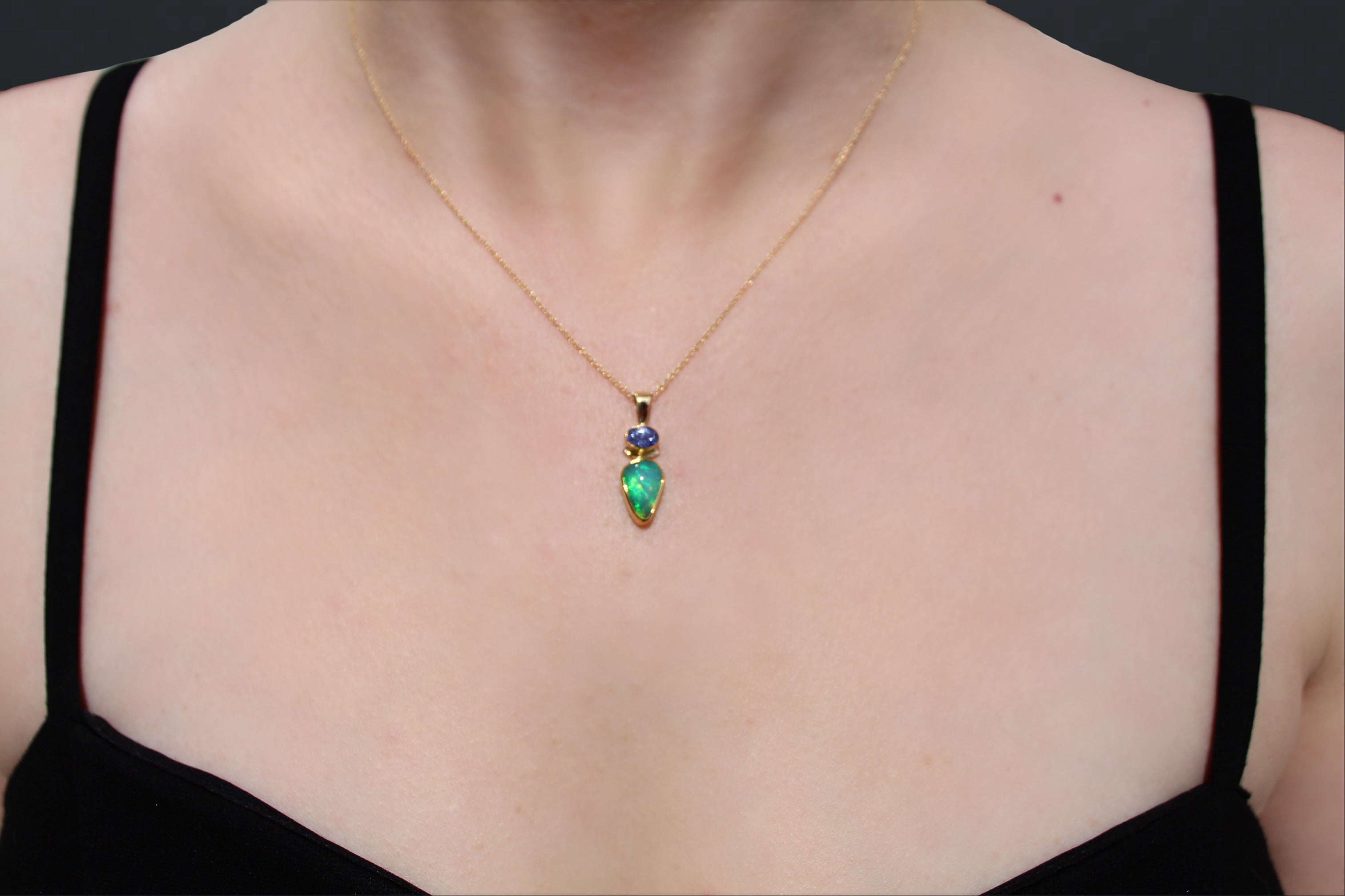 Artisan Crafted Ethiopian Opal Pendant with Tanzanite | Gold Bezel
