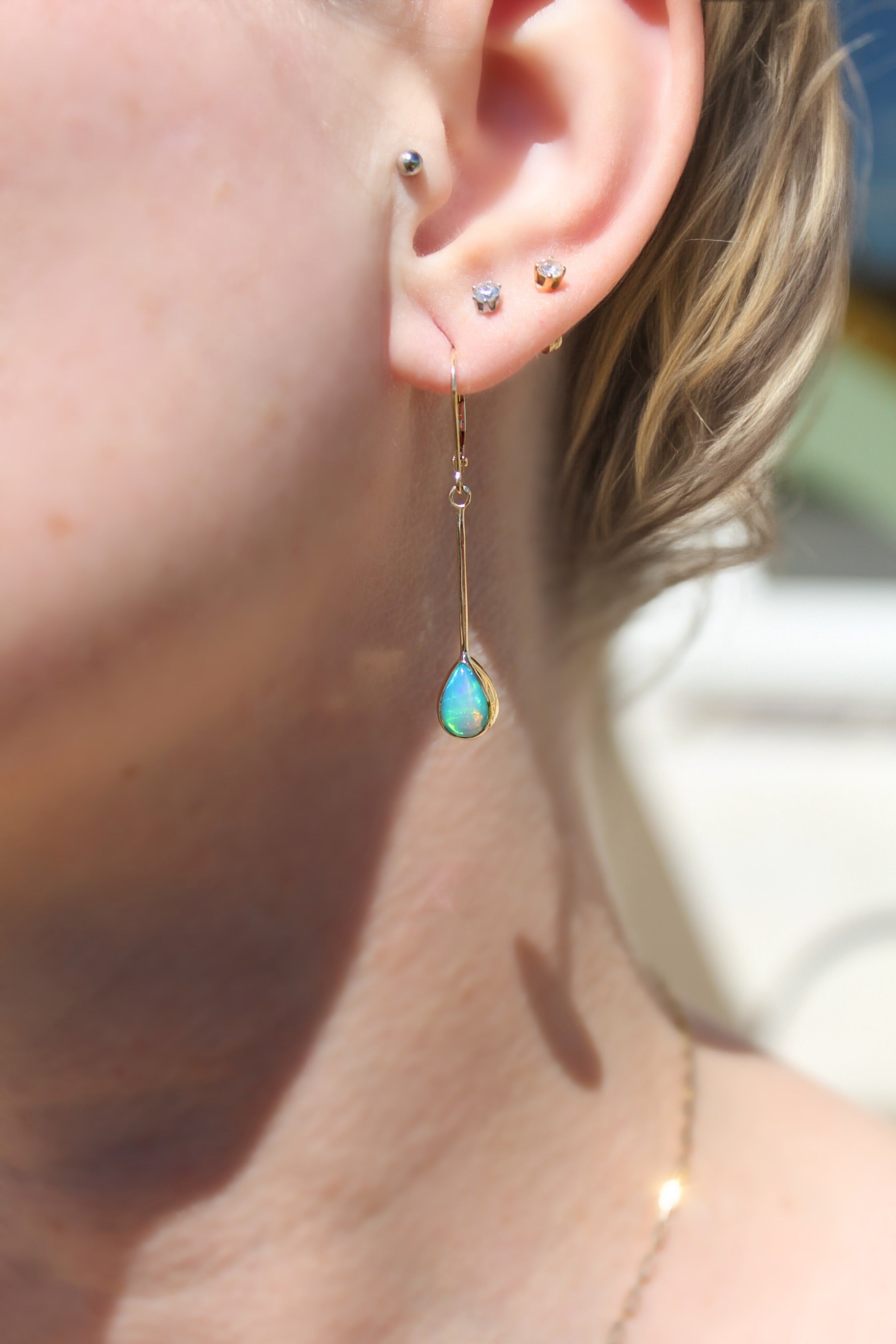 Dangling Ethiopian Opal Drop Bar Earrings with 22k Gold & 14k Leverbacks