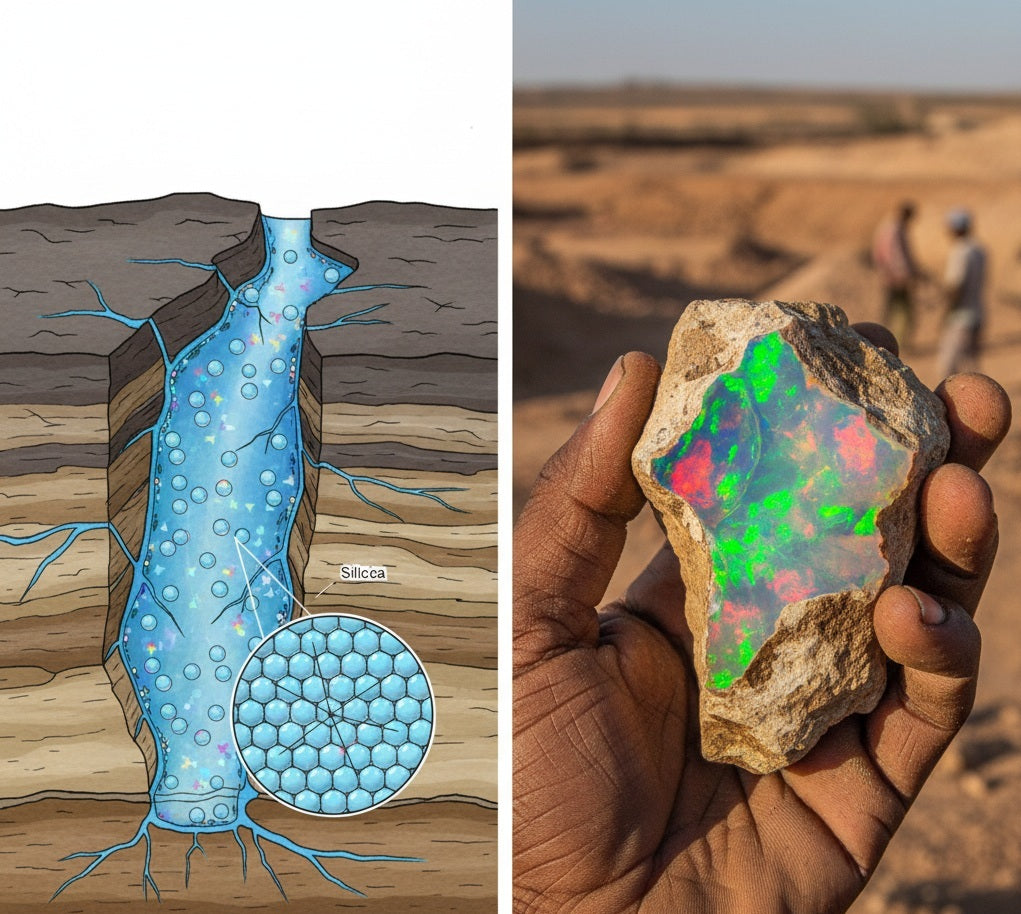 Silica opal creation process & rough opal held in hand