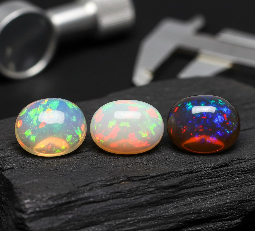 Three beautiful opals with amazing play of color set on a black piece of wood with gemology instruments in the background
