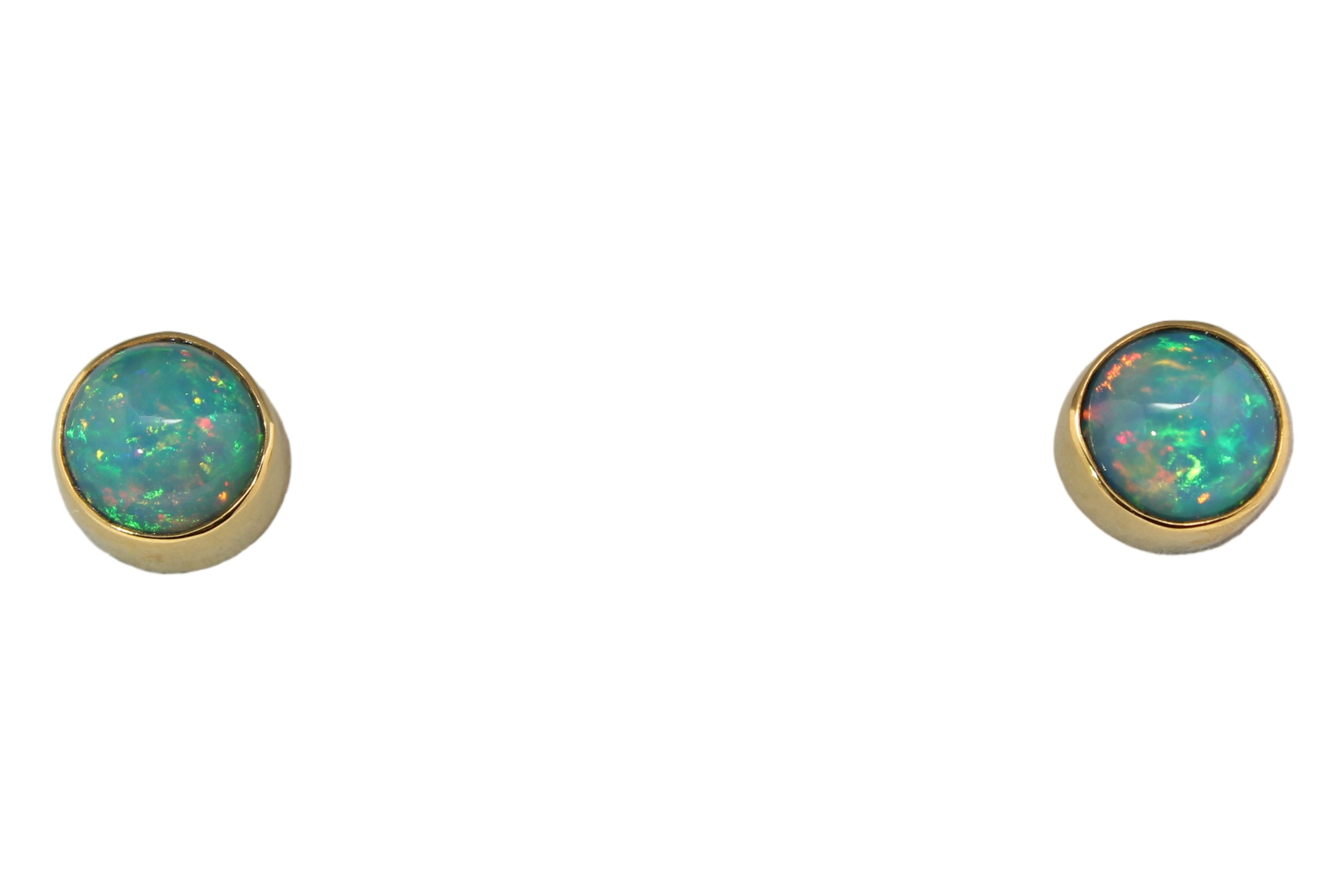 Round Ethiopian Opal stud earrings displaying vibrant red orange and green fire, set in 22k and 14k gold