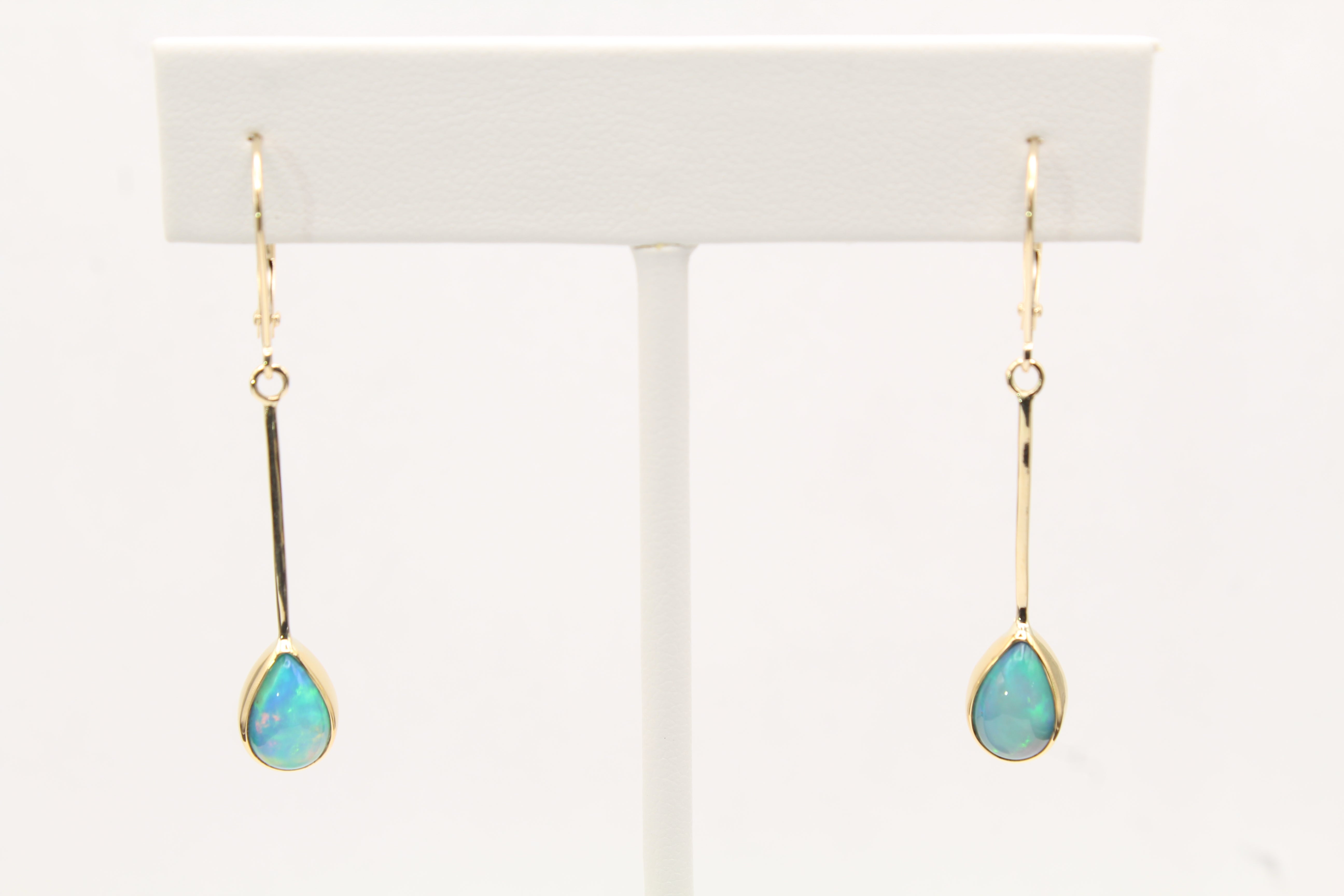 Dangling Ethiopian Opal Drop Bar Earrings with 22k Gold & 14k Leverbacks