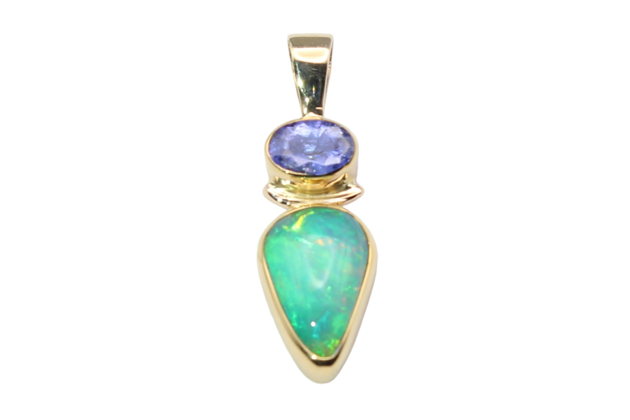 Artisan Crafted Ethiopian Opal Pendant with Tanzanite | Gold Bezel