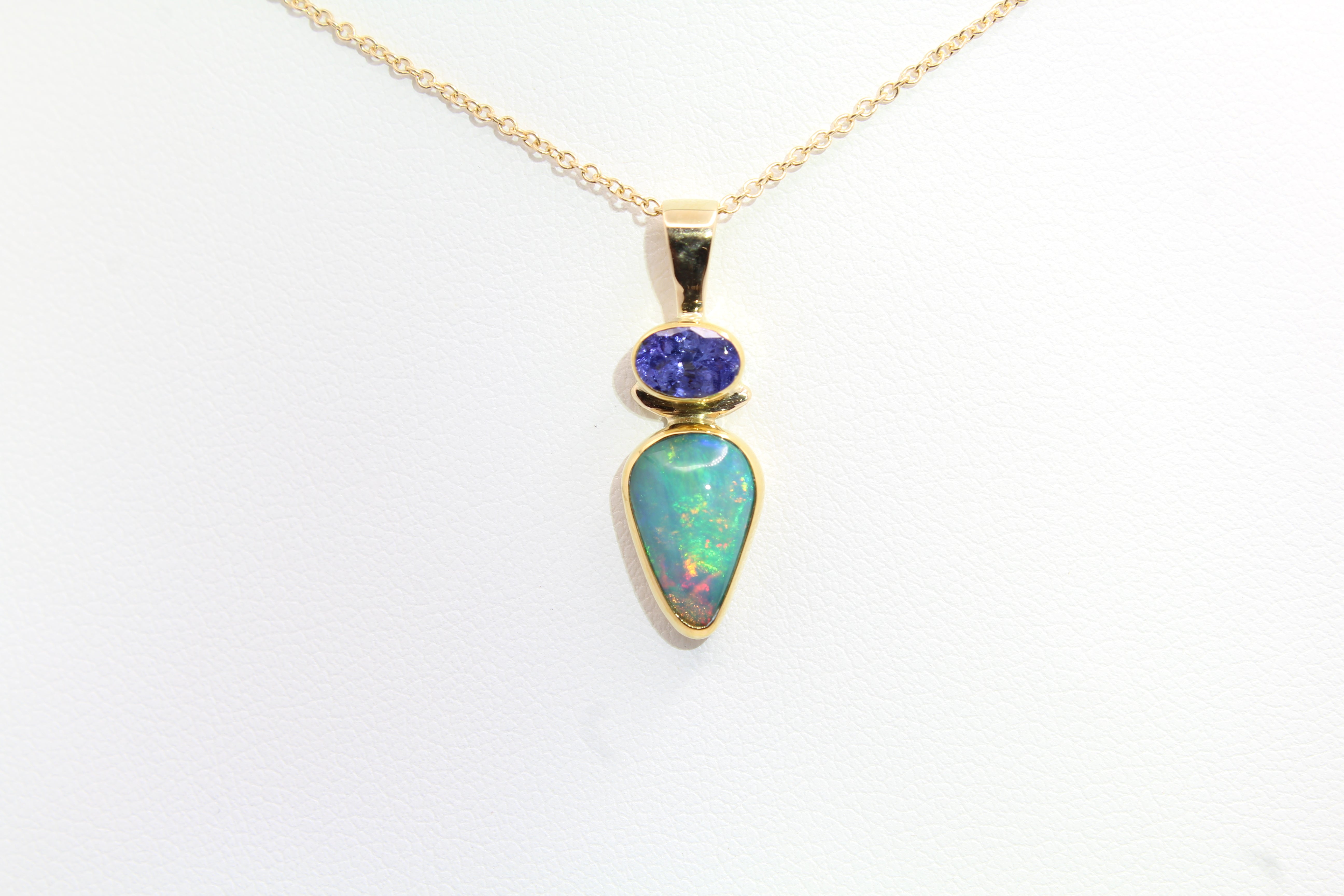 Artisan Crafted Ethiopian Opal Pendant with Tanzanite | Gold Bezel
