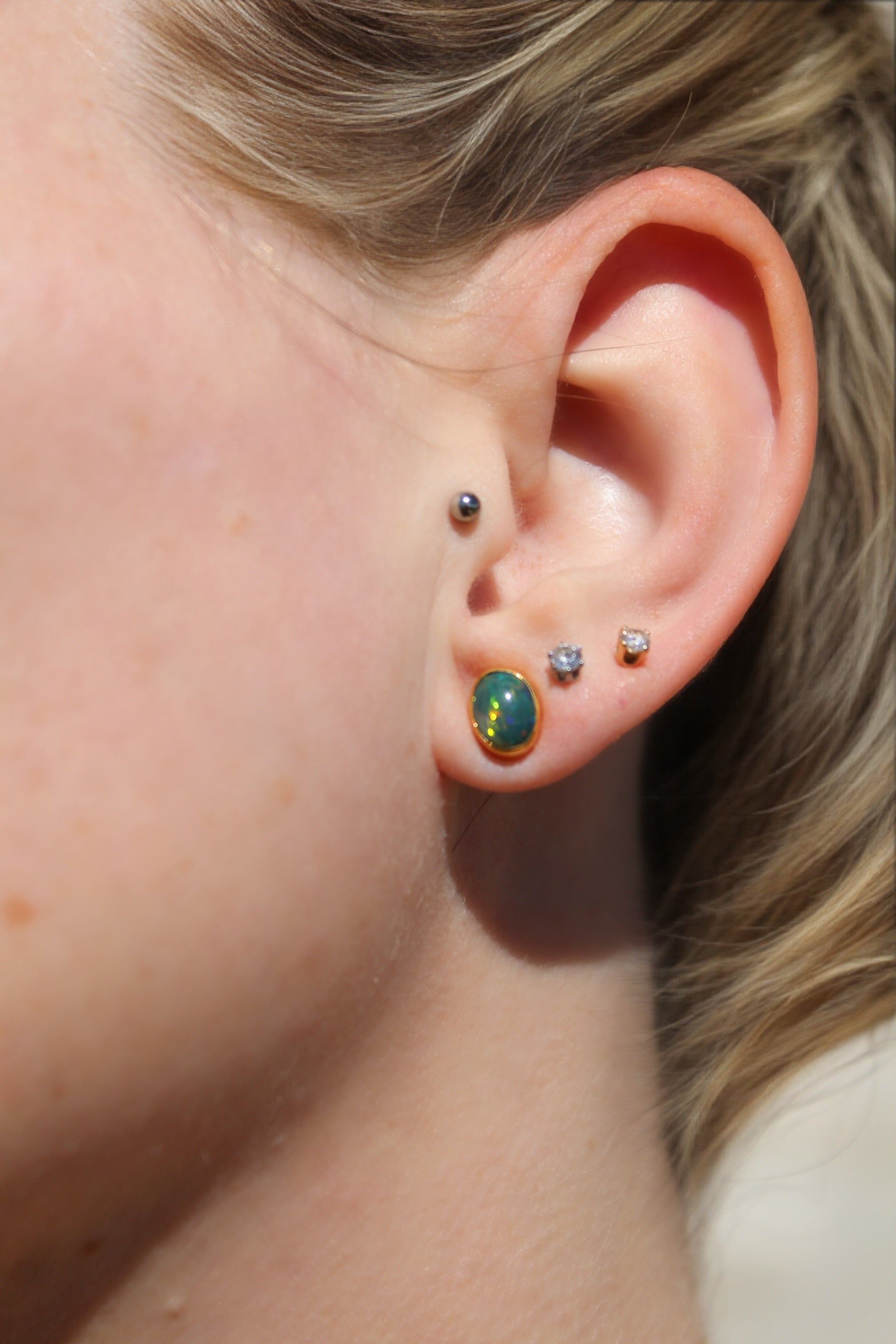 Oval Ethiopian Opal Stud Earrings in 22k Gold Bezel & 14k Gold Posts
